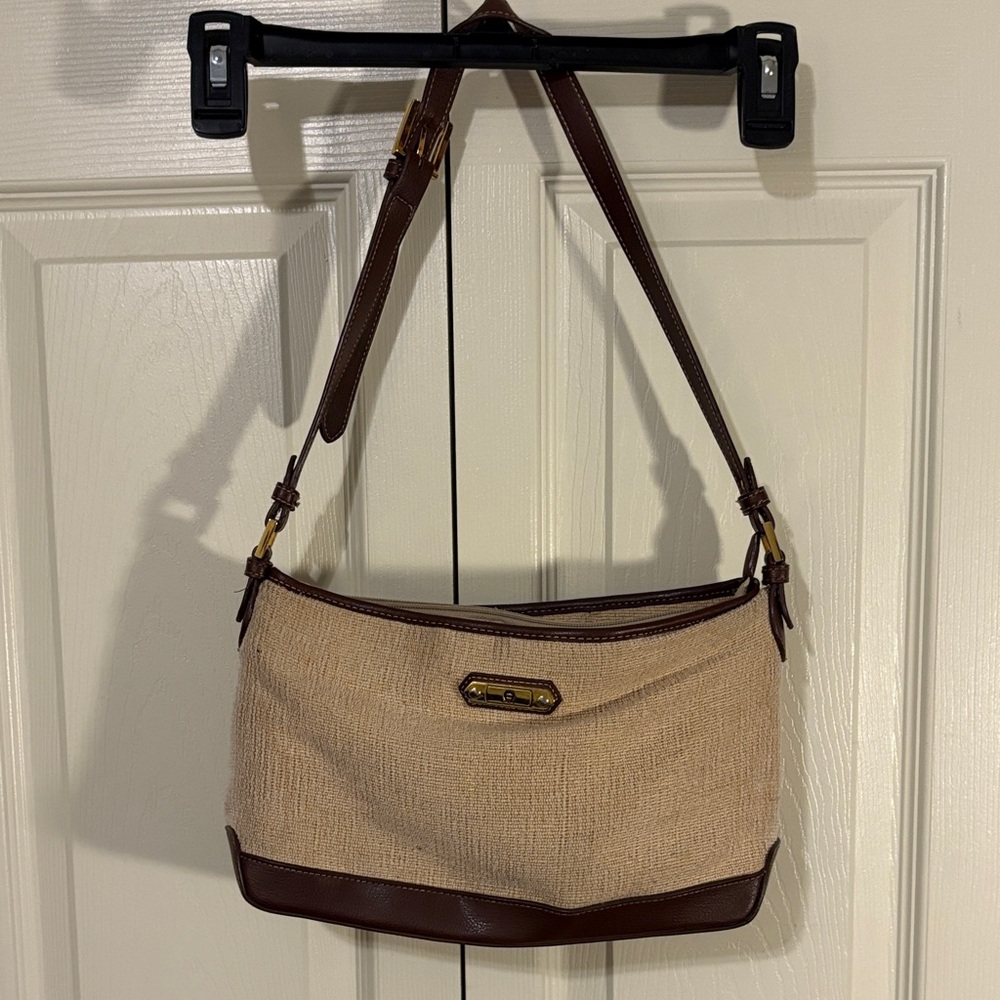 Etienne Aigner beige jute tweed with brown trim adjustable Shoulder Bag vintage